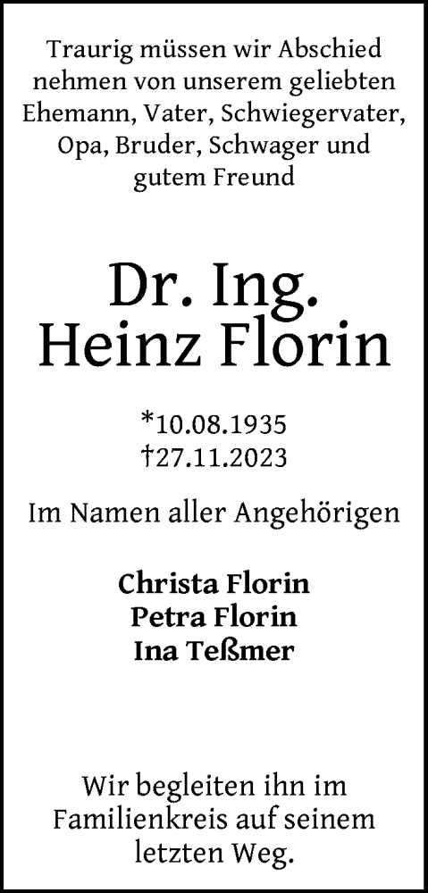  Traueranzeige für Heinz Florin vom 16.12.2023 aus Berliner Zeitung