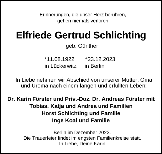 Traueranzeige von Elfriede Gertrud Schlichting von Berliner Zeitung