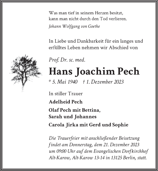 Traueranzeige von Hans Joachim Pech von Berliner Zeitung