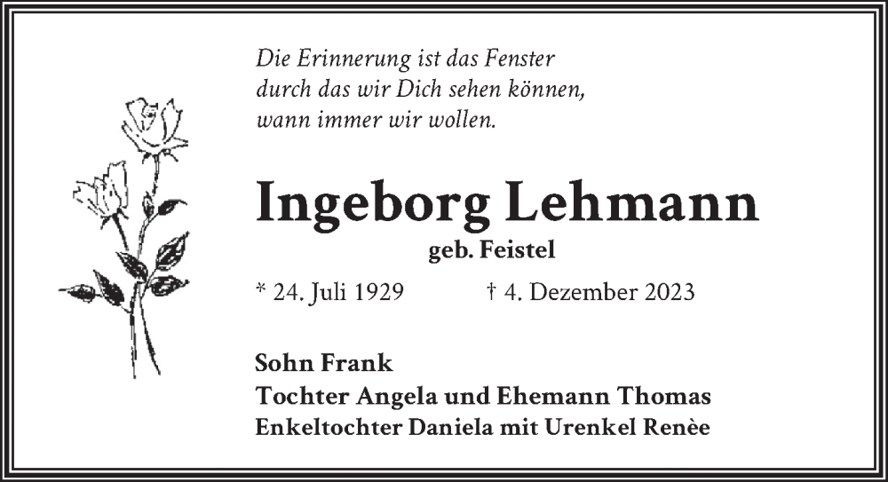  Traueranzeige für Ingeborg Lehmann vom 19.12.2023 aus Berliner Kurier