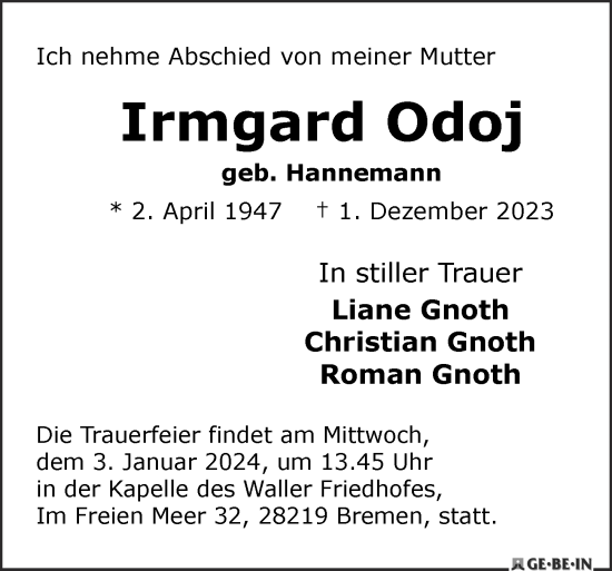 Traueranzeige von Irmgard Odoj von Berliner Zeitung