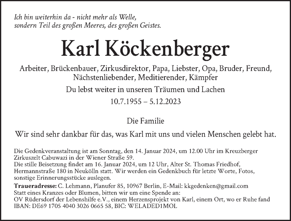  Traueranzeige für Karl Köckenberger vom 23.12.2023 aus Berliner Zeitung