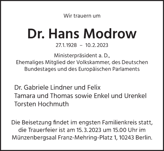 Traueranzeige von Hans Modrow von Berliner Zeitung
