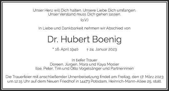 Traueranzeige von Hubert Boenig von Berliner Zeitung