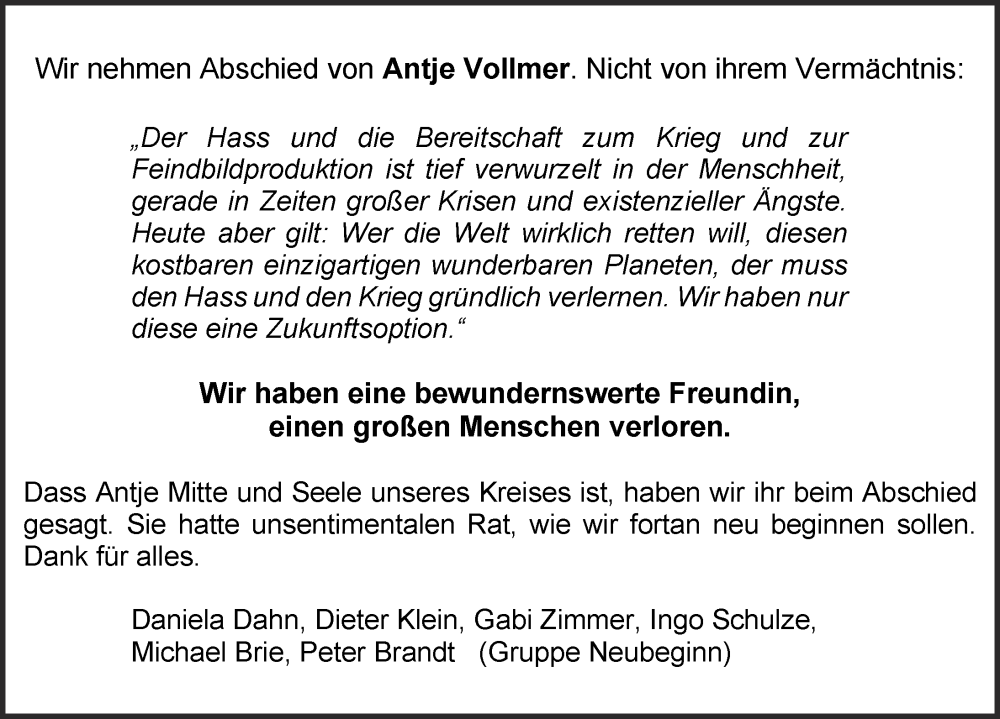  Traueranzeige für Antje Vollmer vom 23.03.2023 aus Berliner Zeitung