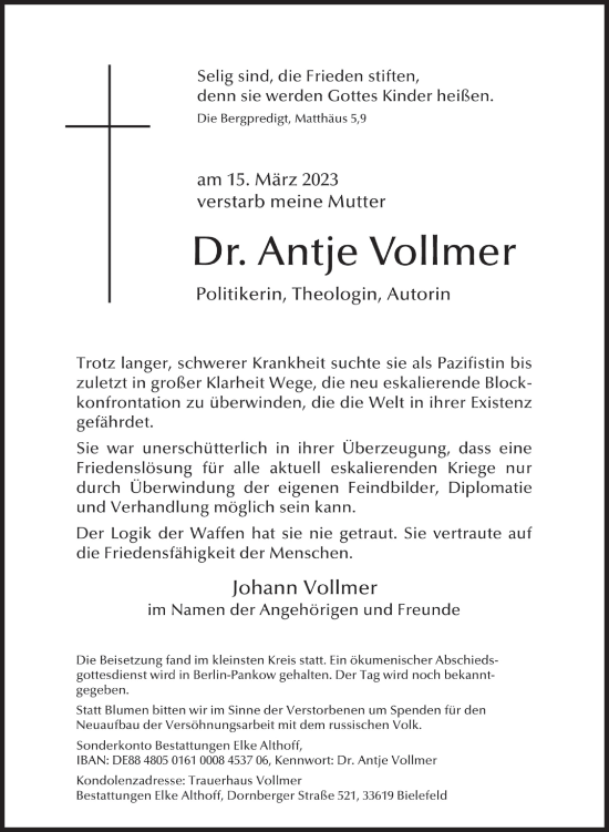 Traueranzeige von Antje Vollmer von Berliner Zeitung