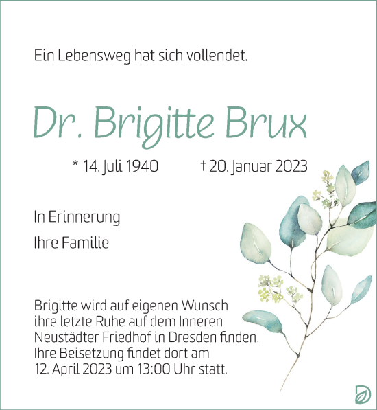 Traueranzeige von Brigitte Brux von Berliner Zeitung