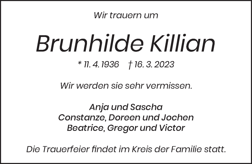  Traueranzeige für Brunhilde Killian vom 25.03.2023 aus Berliner Zeitung