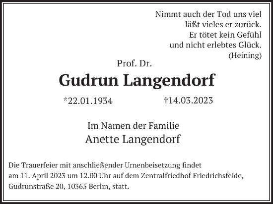 Traueranzeige von Gudrun Langendorf von Berliner Zeitung