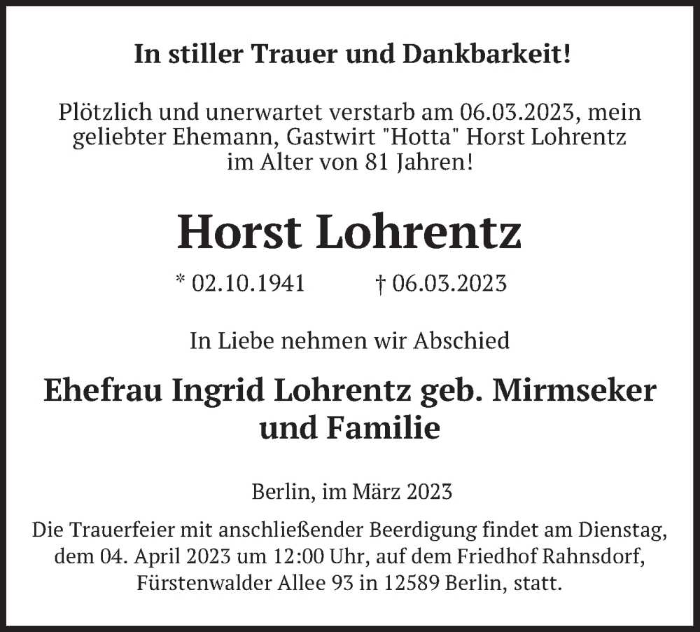  Traueranzeige für Horst Lohrentz vom 25.03.2023 aus Berliner Zeitung