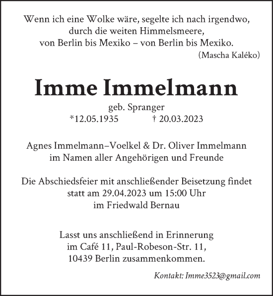 Traueranzeige von Imme Immelmann von Berliner Zeitung