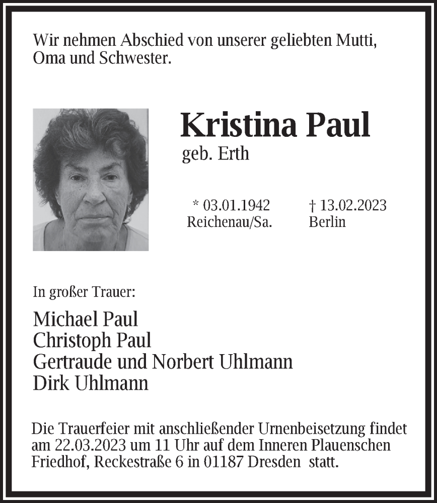 Traueranzeige für Kristina Paul vom 14.03.2023 aus Berliner Zeitung