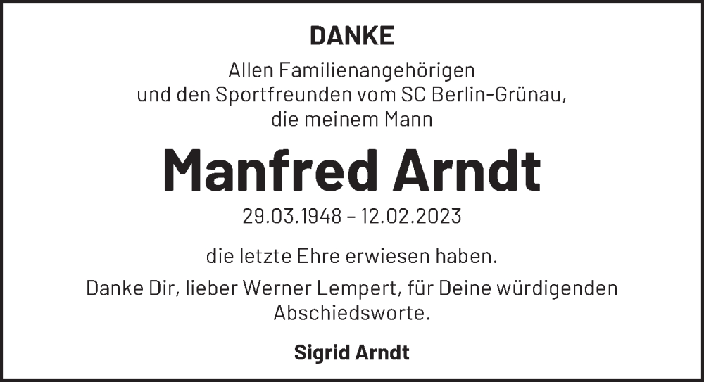  Traueranzeige für Manfred Arndt vom 01.04.2023 aus Berliner Zeitung