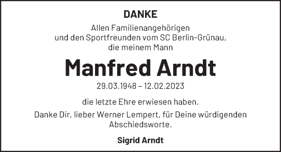 Traueranzeige von Manfred Arndt von Berliner Zeitung