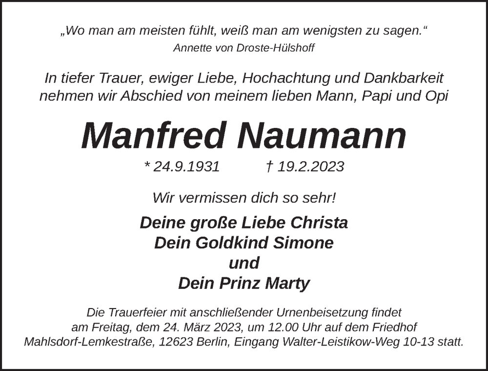  Traueranzeige für Manfred Naumann vom 18.03.2023 aus Berliner Zeitung