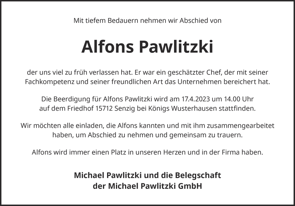  Traueranzeige für Alfons Pawlitzki vom 08.04.2023 aus Berliner Kurier