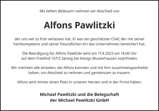 Traueranzeige von Alfons Pawlitzki von Berliner Kurier