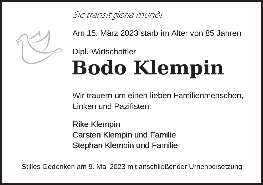  Traueranzeige für Bodo Klempin vom 08.04.2023 aus Berliner Zeitung