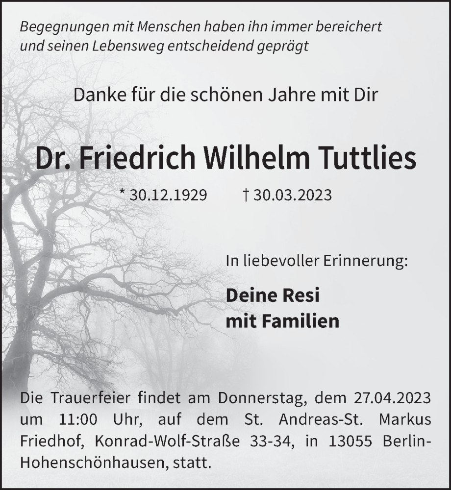 Traueranzeige für Friedrich Wilhelm Tuttlies vom 08.04.2023 aus Berliner Zeitung