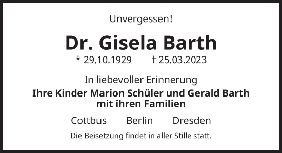 Traueranzeige von Gisela Barth von Berliner Zeitung