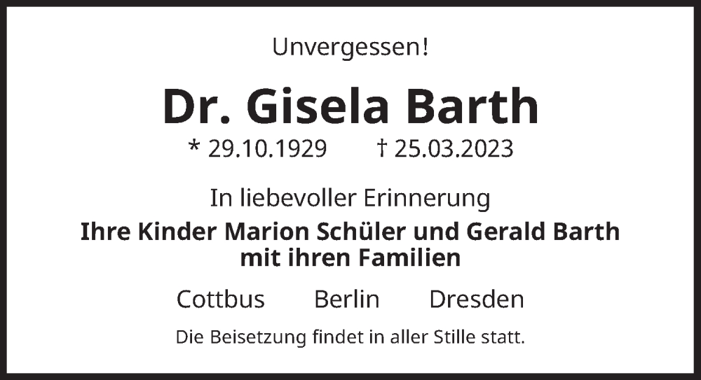  Traueranzeige für Gisela Barth vom 08.04.2023 aus Berliner Zeitung