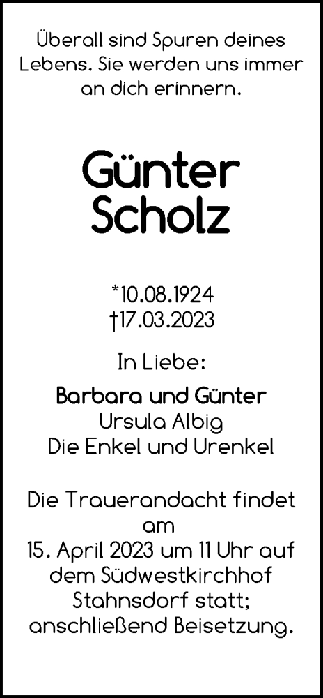Traueranzeige von Günter Scholz von Berliner Kurier