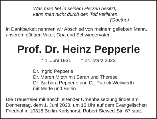 Traueranzeige von Heinz Pepperle von Berliner Zeitung