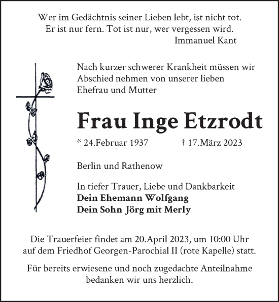 Traueranzeige von Inge Etzrodt von Berliner Zeitung