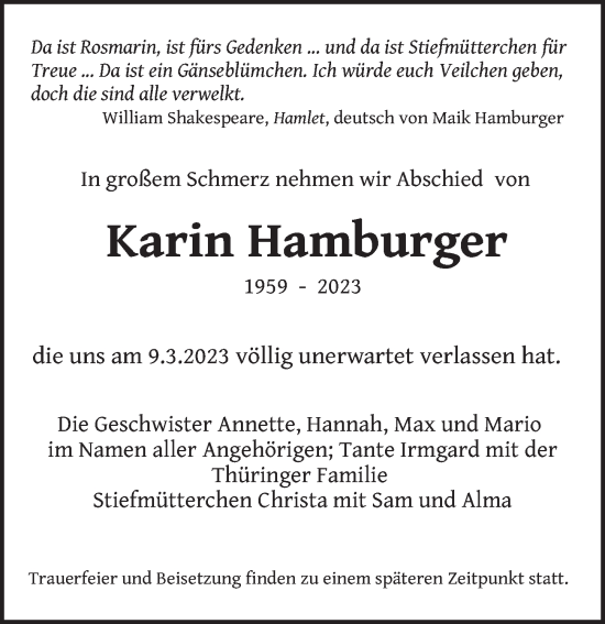 Traueranzeige von Karin Hamburger von Berliner Zeitung