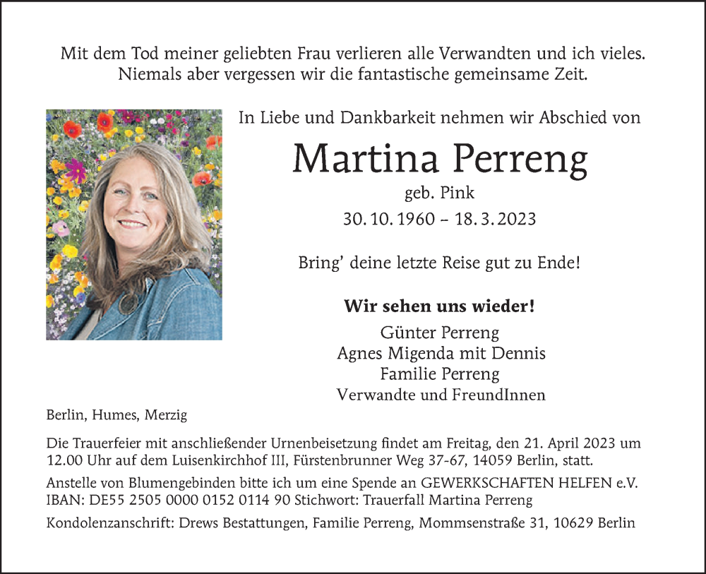  Traueranzeige für Martina Perreng vom 08.04.2023 aus Berliner Zeitung