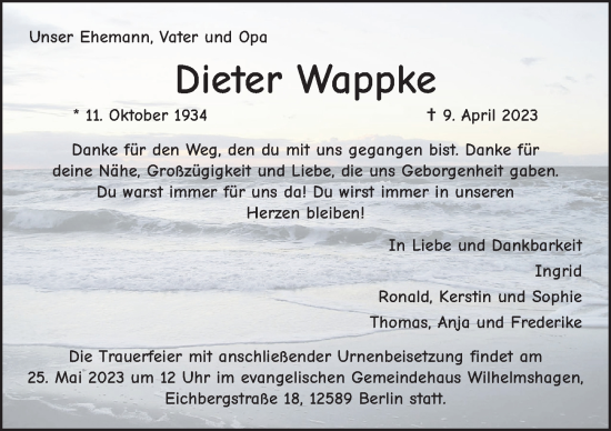 Traueranzeige von Dieter Wappke von Berliner Zeitung