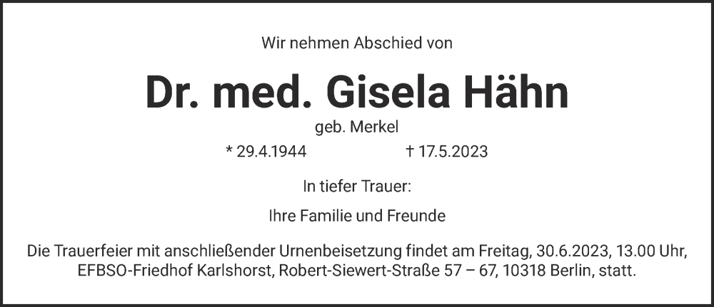  Traueranzeige für Gisela Hähn vom 27.05.2023 aus Berliner Zeitung