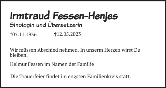 Traueranzeige von Irmtraud Fessen-Henjes von Berliner Zeitung