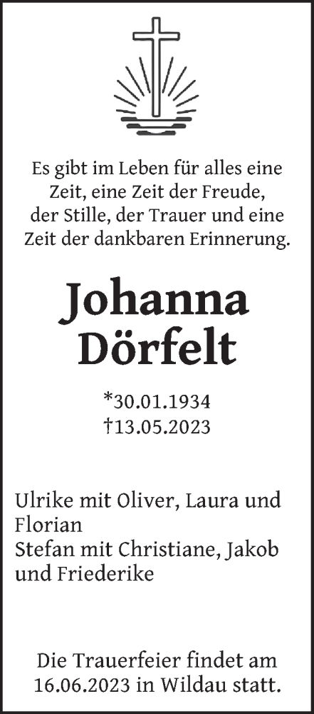 Traueranzeige von Johanna Dörfelt von Berliner Zeitung