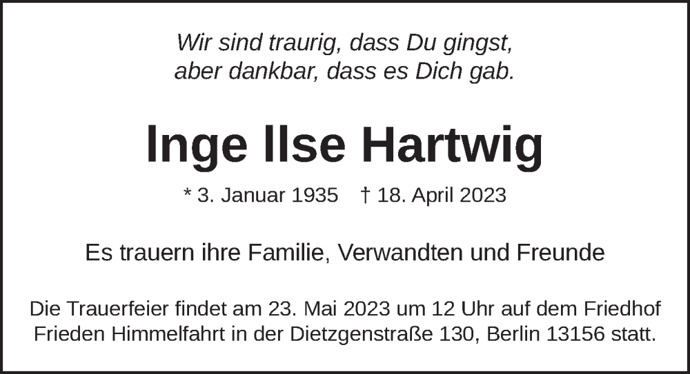  Traueranzeige für lnge llse Hartwig vom 20.05.2023 aus Berliner Zeitung