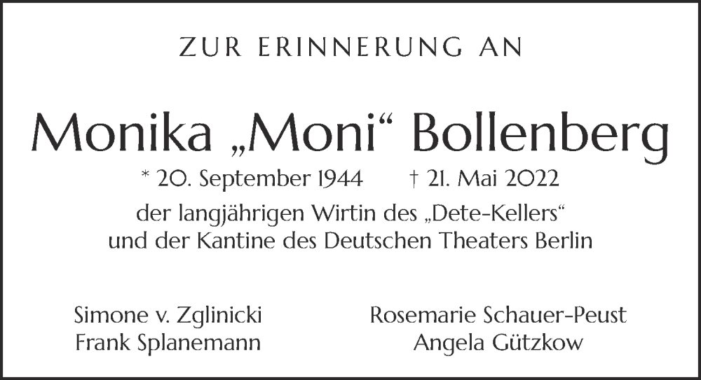  Traueranzeige für Monika Bollenberg vom 20.05.2023 aus Berliner Zeitung