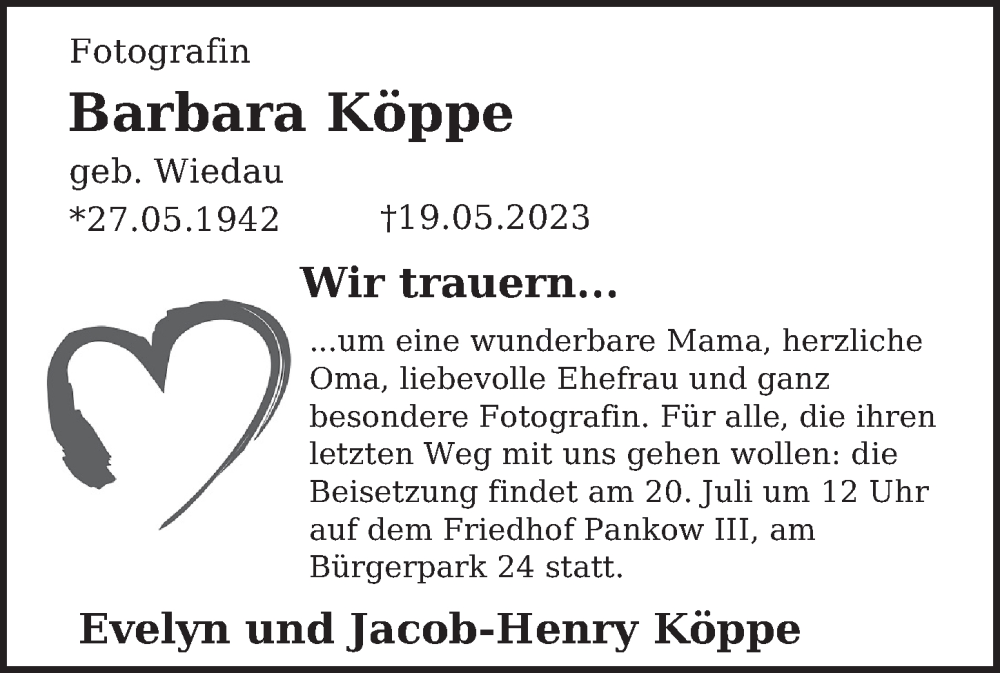  Traueranzeige für Barbara Köppe vom 01.07.2023 aus Berliner Zeitung