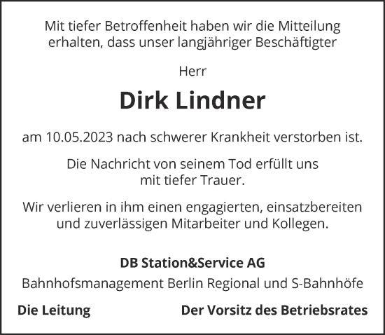 Traueranzeige von Dirk Lindner von Berliner Zeitung