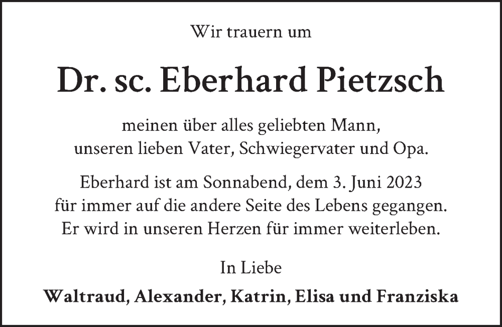  Traueranzeige für Eberhard Pietzsch vom 10.06.2023 aus Berliner Zeitung