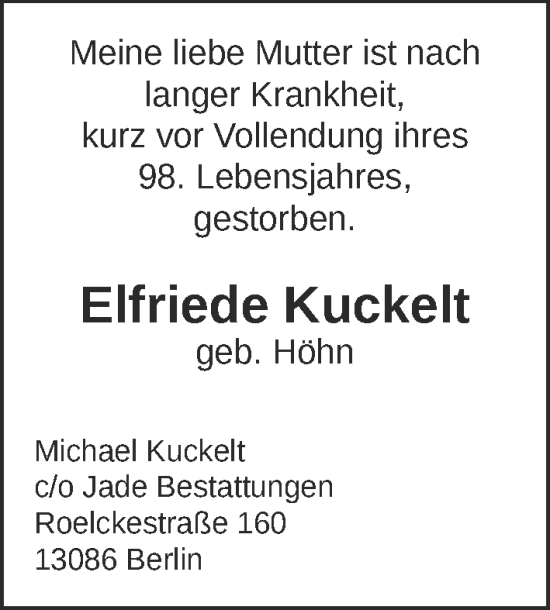 Traueranzeige von Elfriede Kuckelt von Berliner Zeitung