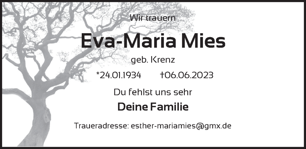  Traueranzeige für Eva-Maria Mies vom 17.06.2023 aus Berliner Zeitung