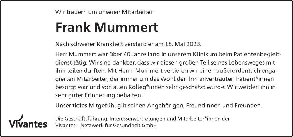  Traueranzeige für Frank Mummert vom 03.06.2023 aus Berliner Zeitung
