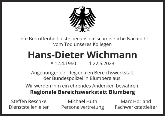 Traueranzeige von Hans-Dieter Wichmann von Berliner Zeitung