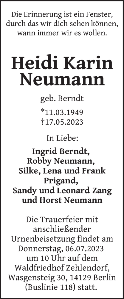  Traueranzeige für Heidi Karin Neumann vom 28.06.2023 aus Berliner Zeitung