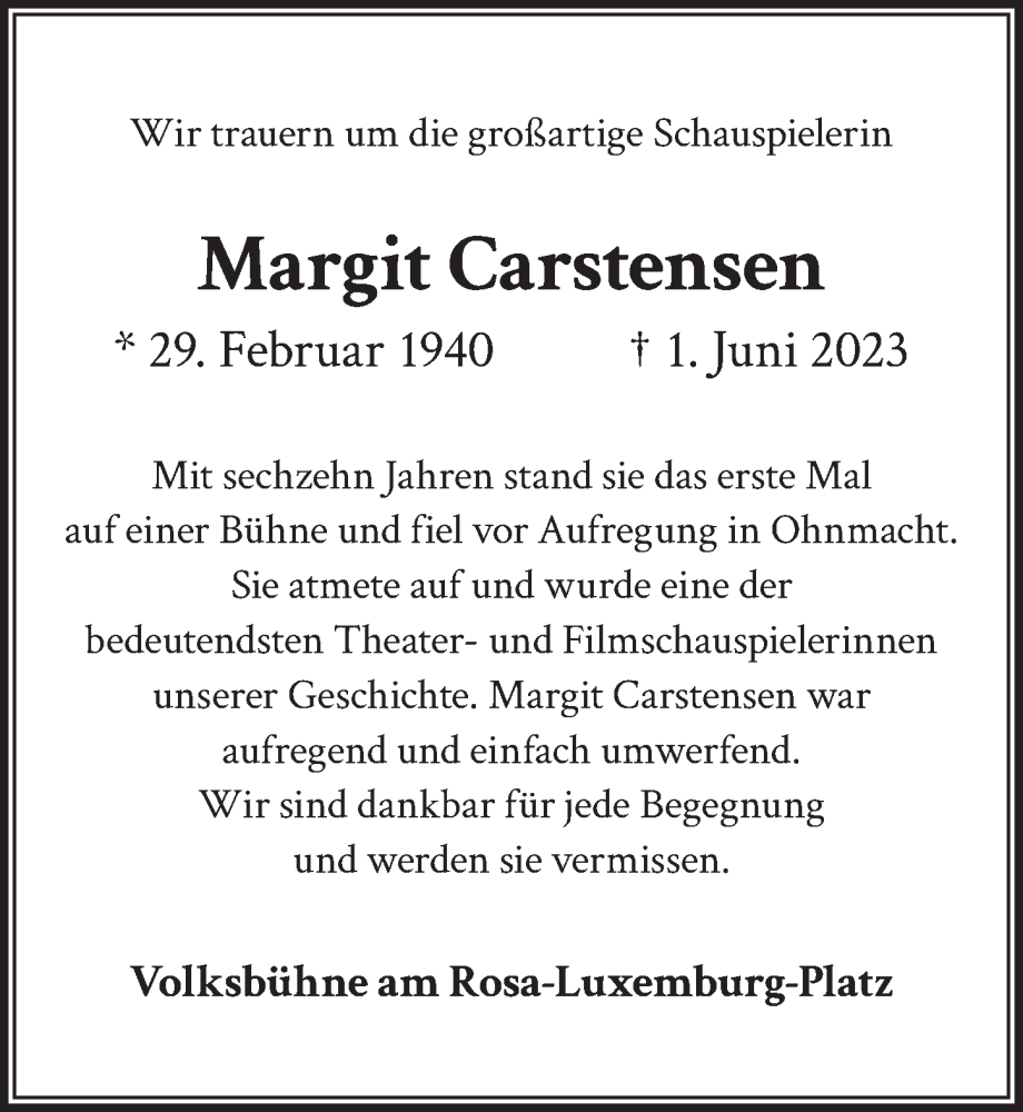  Traueranzeige für Margit Carstensen vom 17.06.2023 aus Berliner Zeitung
