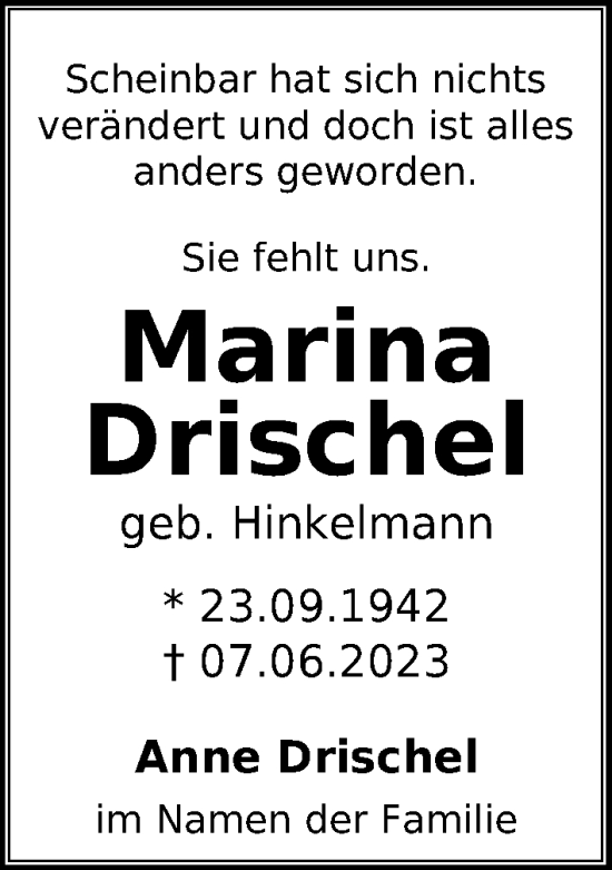 Traueranzeige von Marina Drischel von Berliner Zeitung