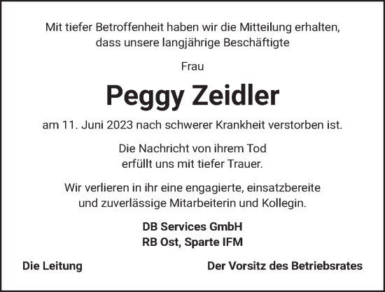 Traueranzeige von Peggy Zeidler von Berliner Zeitung