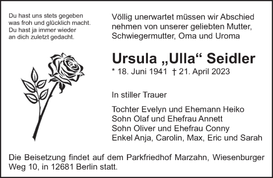 Traueranzeige von Ursula Seidler von Berliner Zeitung