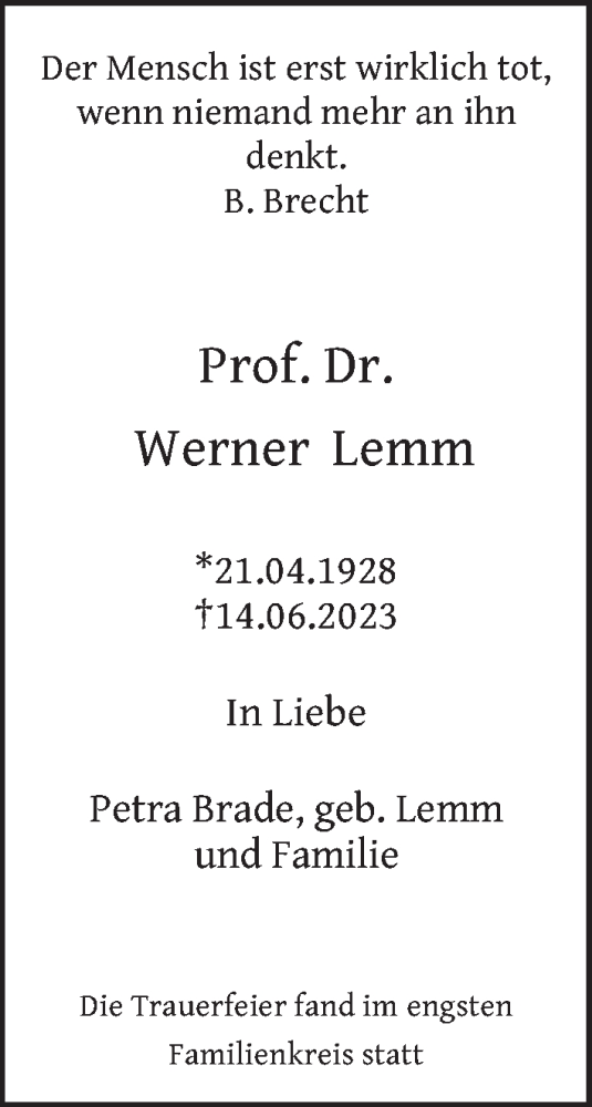 Traueranzeige von Werner Lemm von Berliner Zeitung