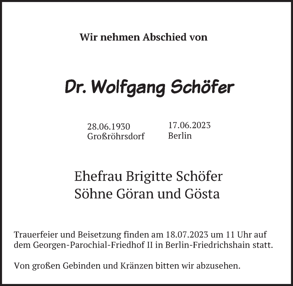  Traueranzeige für Wolfgang Schöfer vom 28.06.2023 aus Berliner Zeitung